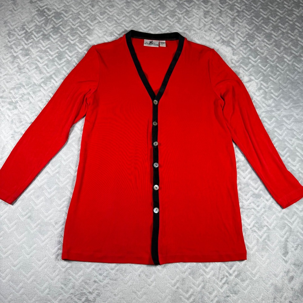 Chico's Cardigan Women Size Medium/8 (1) Red V-Neck Button Front Black Trim